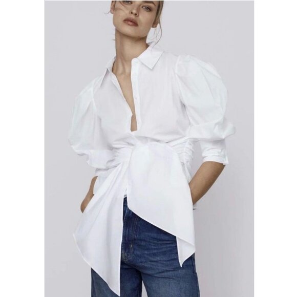 Zara Tie Front White Poplin Cotton Button Down Blouse XL - Picture 1 of 16
